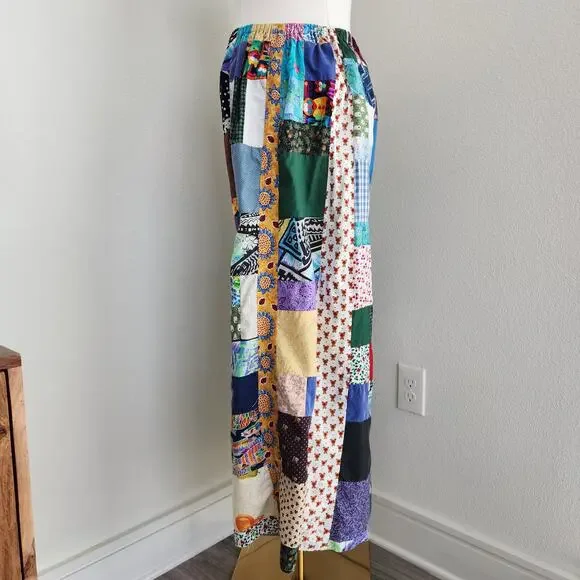 Vintage 70s Handmade Multicolor Patchwork Maxi Skirt Elastic Waist L XL - Picture 2 of 5